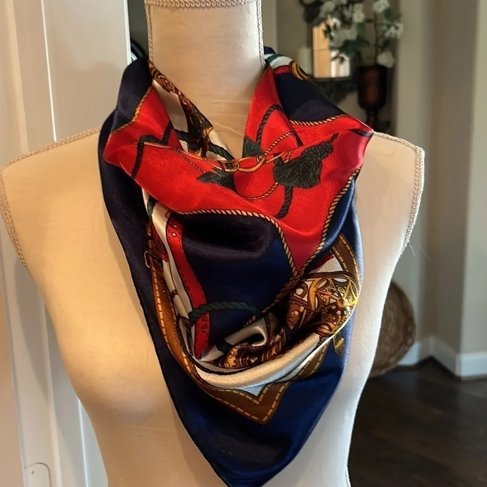 Scarf Green Navy Blue Red Gold Vintage 36” x 36” Soft Luxury Colors